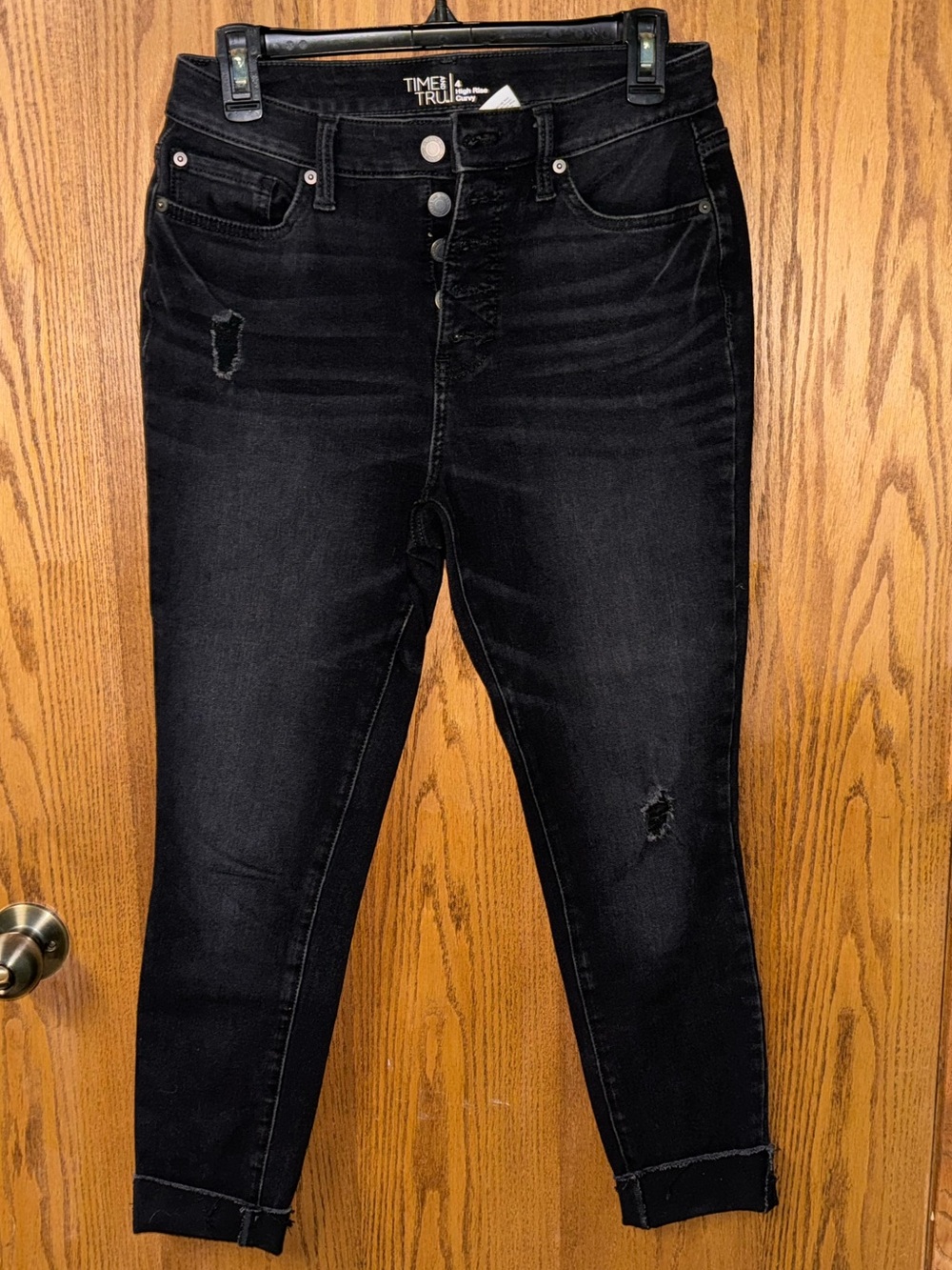 Time and Tru Black Skinny Button-Fly Distressed Jeans